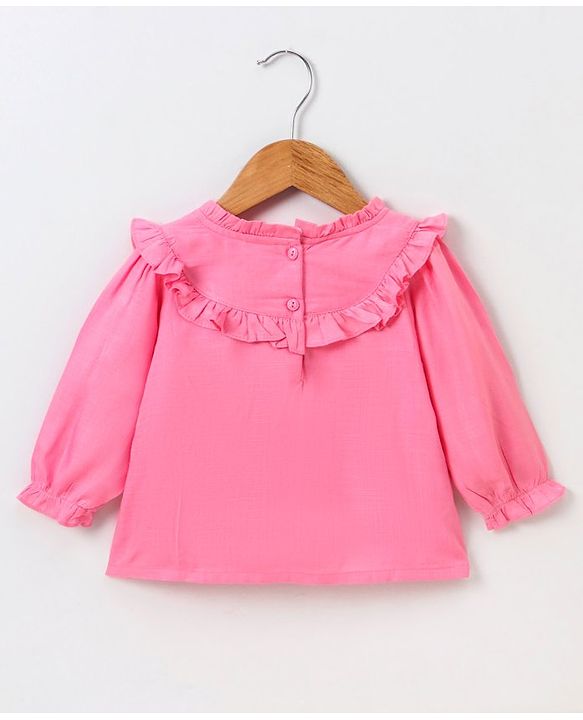 Babyhug Full Sleeves Solid Slub Rayon Top With Lace & Frill Detailing- Pink