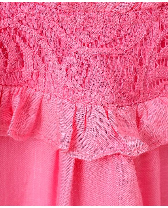 Babyhug Full Sleeves Solid Slub Rayon Top With Lace & Frill Detailing- Pink