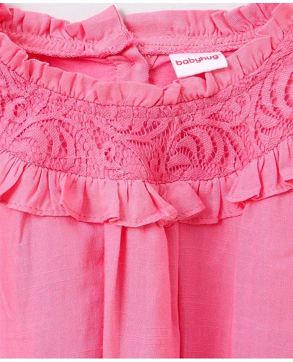 Babyhug Full Sleeves Solid Slub Rayon Top With Lace & Frill Detailing- Pink