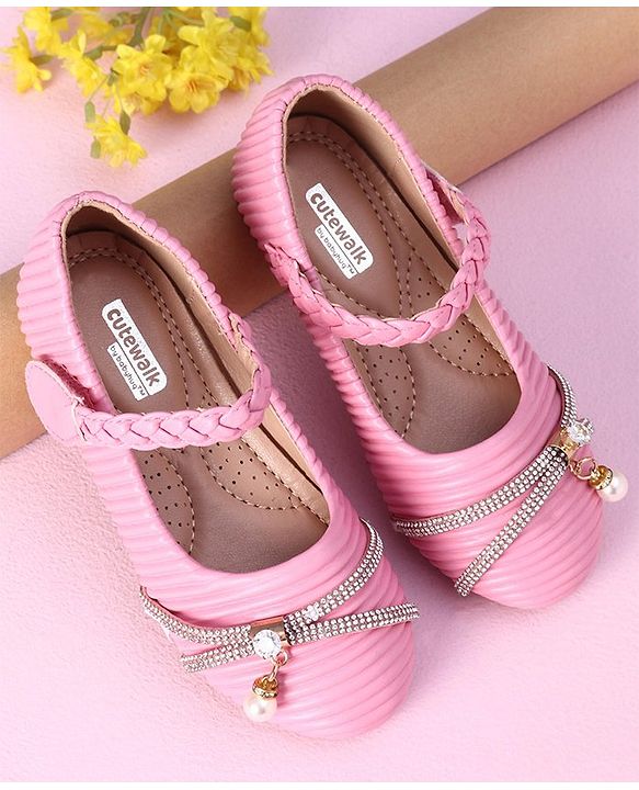 Cute Walk by Babyhug Party Wear Sandals Studded Lace Applique - Pink