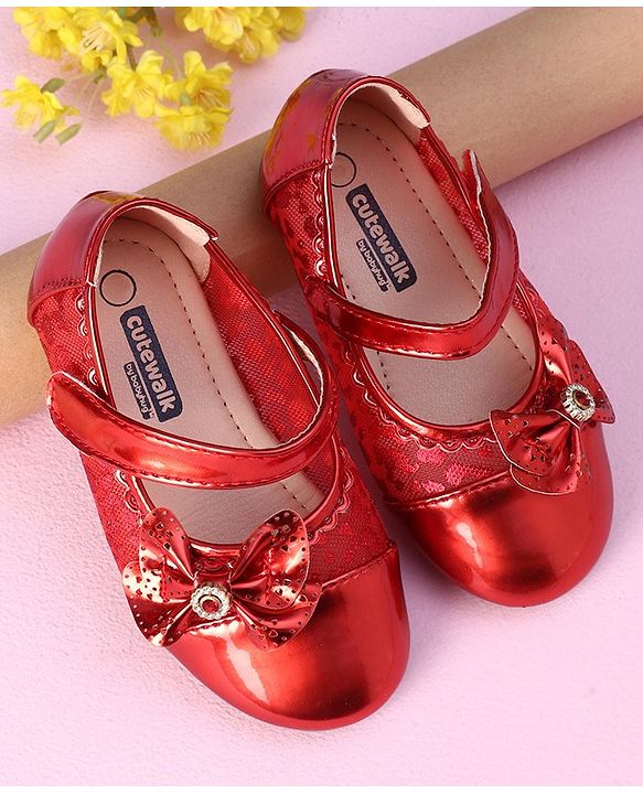 Cute Walk by Babyhug Metallic Party Wear Sandals Bow Applique - Red