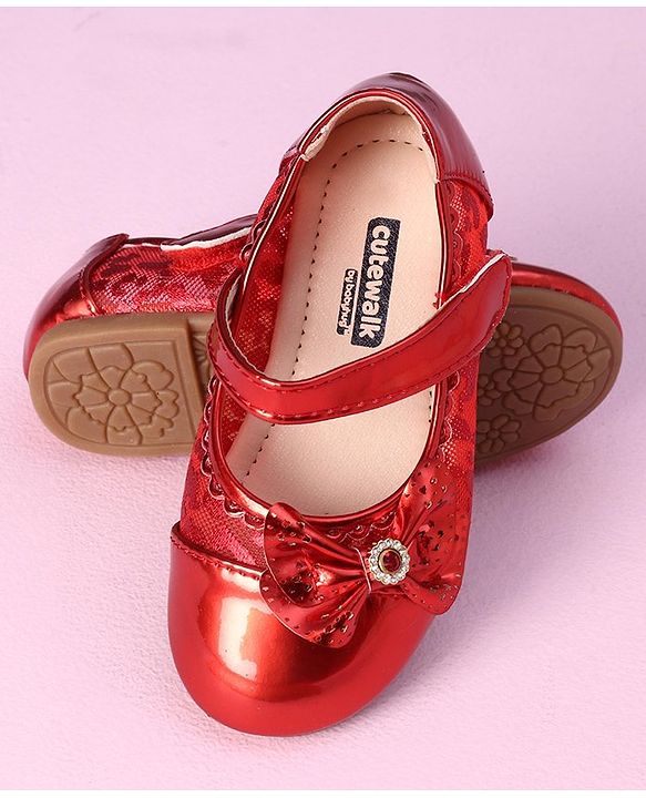Cute Walk by Babyhug Metallic Party Wear Sandals Bow Applique - Red