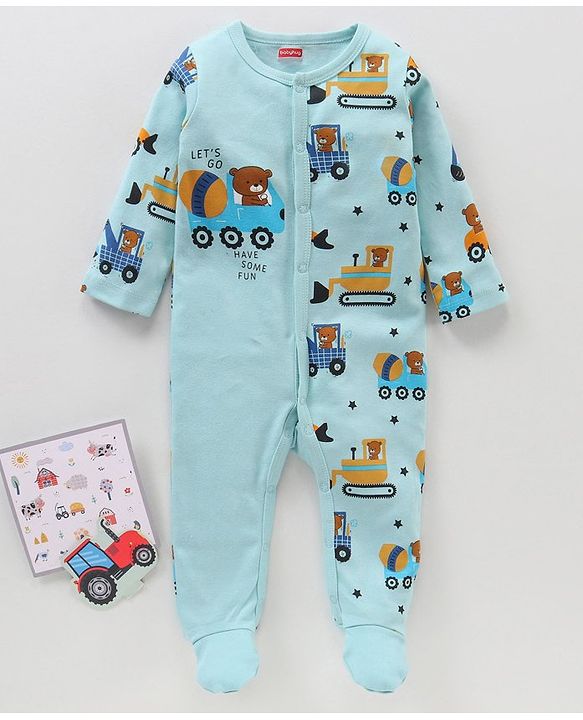 Babyhug Full Sleeves Sleep Suit Teddy Printed - Blue