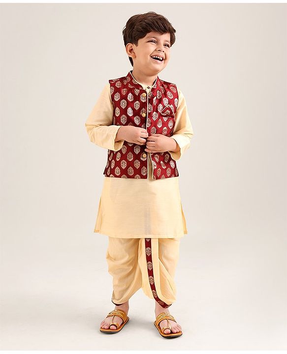 Babyhug Full Sleeves Kurta & Dhoti With Jacket Embroidery Detailing - Cream Maroon