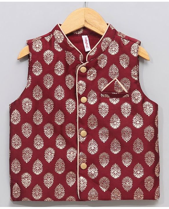 Babyhug Full Sleeves Kurta & Dhoti With Jacket Embroidery Detailing - Cream Maroon