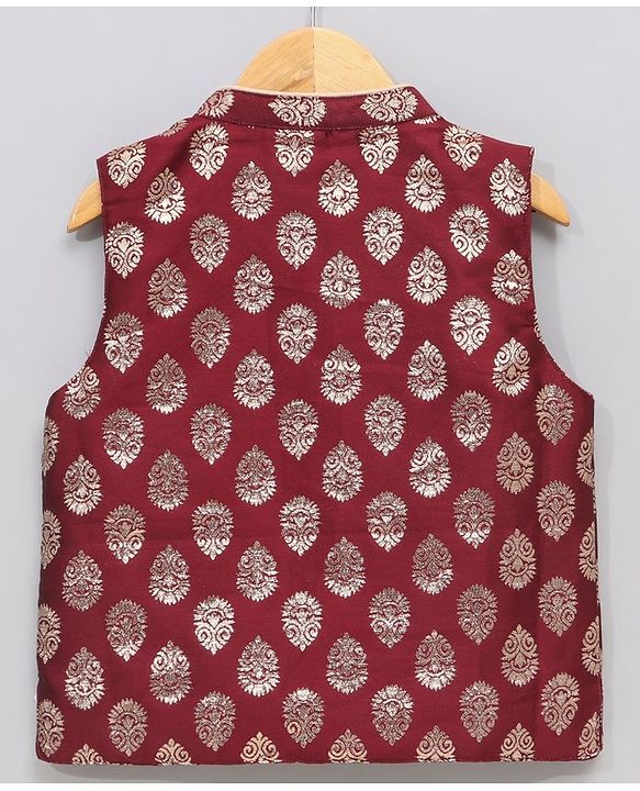 Babyhug Full Sleeves Kurta & Dhoti With Jacket Embroidery Detailing - Cream Maroon