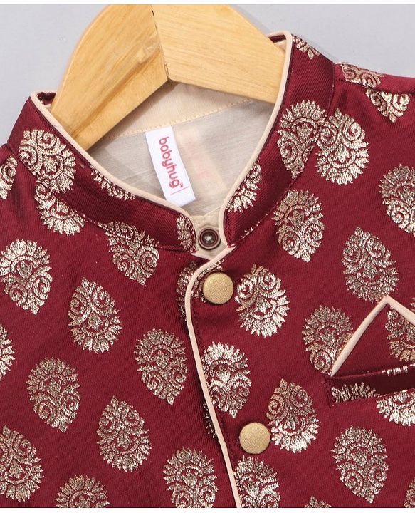 Babyhug Full Sleeves Kurta & Dhoti With Jacket Embroidery Detailing - Cream Maroon