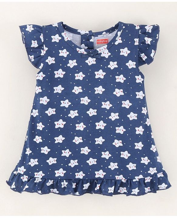 Babyhug Flutter Sleeves Nighty Floral Print - Blue