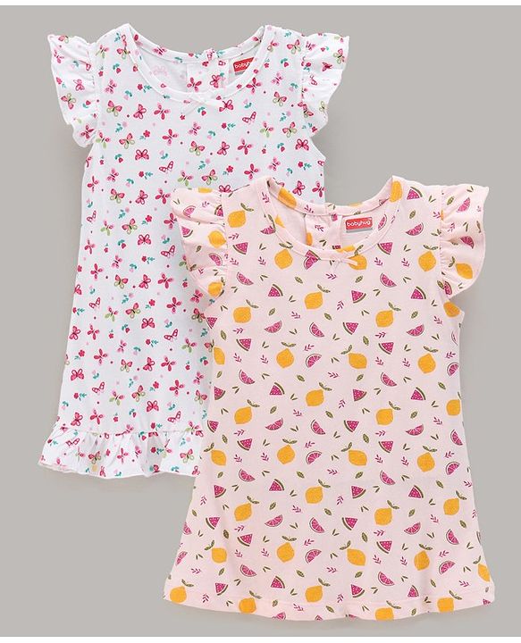 Babyhug Cap Sleeves Nighties Multiprint Pack of 2 - White Light Pink