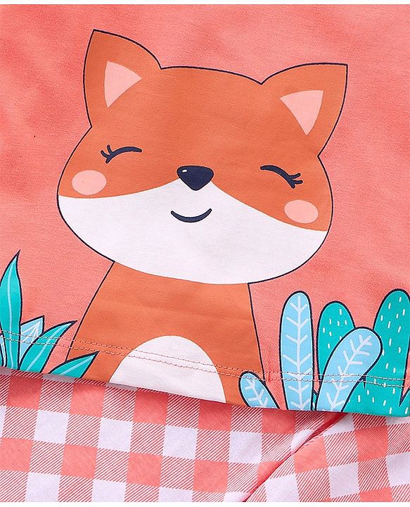 Babyhug Full Sleeves Night Suit Fox Print - Peach