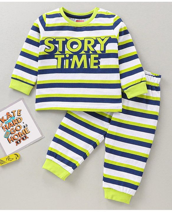 Babyhug Cotton Knit Full Sleeves Night Suit Stripes and Text Print - Multicolour