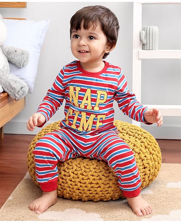 Babyhug Full Sleeves Stripe Night Suit Nap Time Print - Red Blue