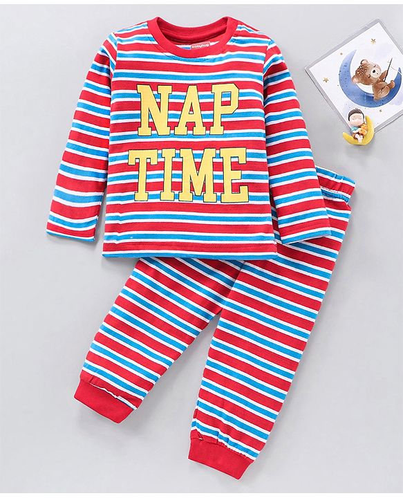 Babyhug Full Sleeves Stripe Night Suit Nap Time Print - Red Blue