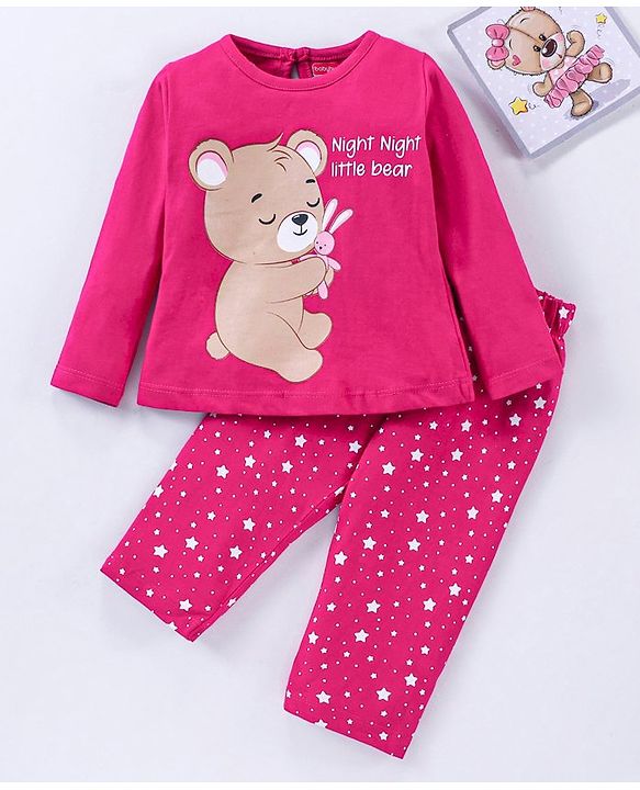Babyhug 100% Cotton Full Sleeves Night Suit Bear Print - Maroon