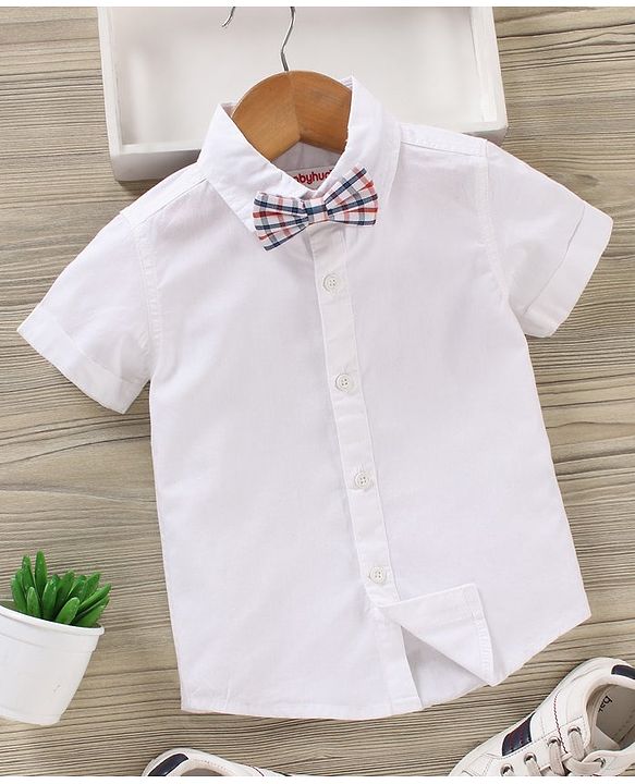 Babyhug Half Sleeves Cotton Solid Shirt with Bow - White