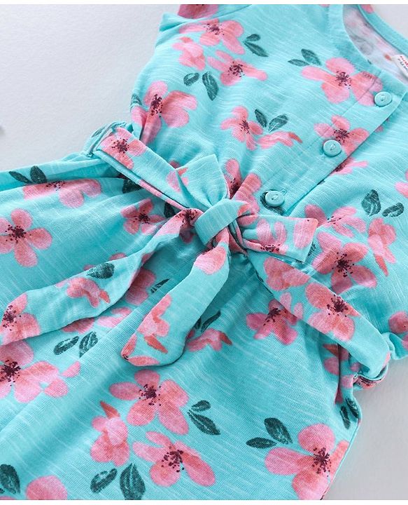 Babyhug Cap Sleeves 100% Cotton Jumpsuit Floral Print - Turquoise