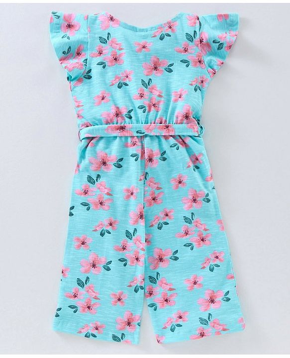 Babyhug Cap Sleeves 100% Cotton Jumpsuit Floral Print - Turquoise