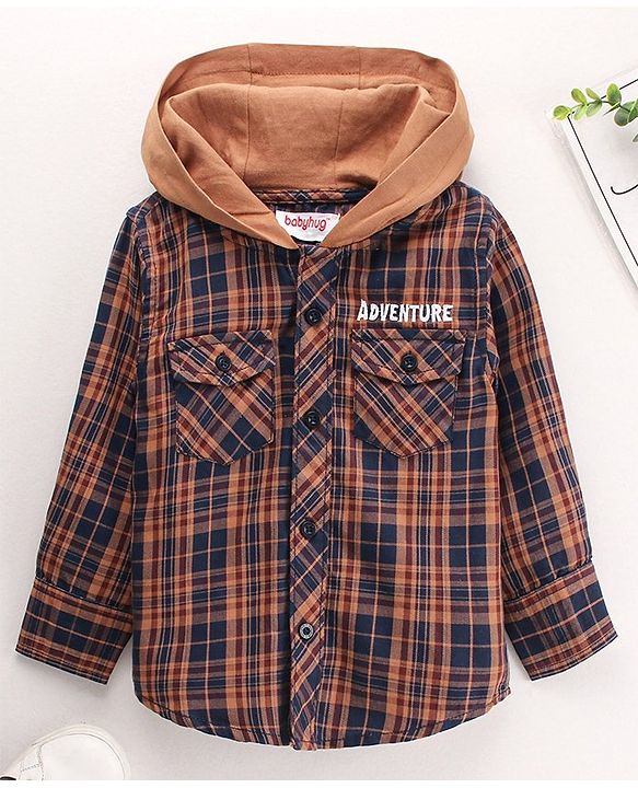 Babyhug Full Sleeves Checks Hooded Shirt - Brown