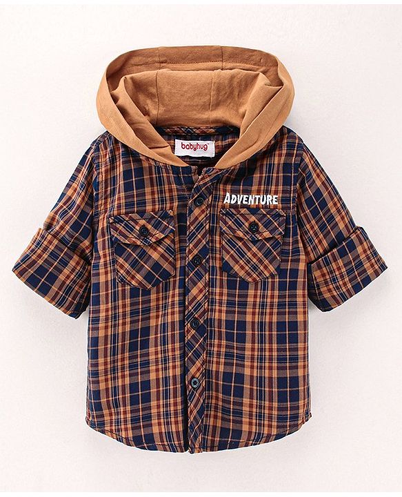 Babyhug Full Sleeves Checks Hooded Shirt - Brown