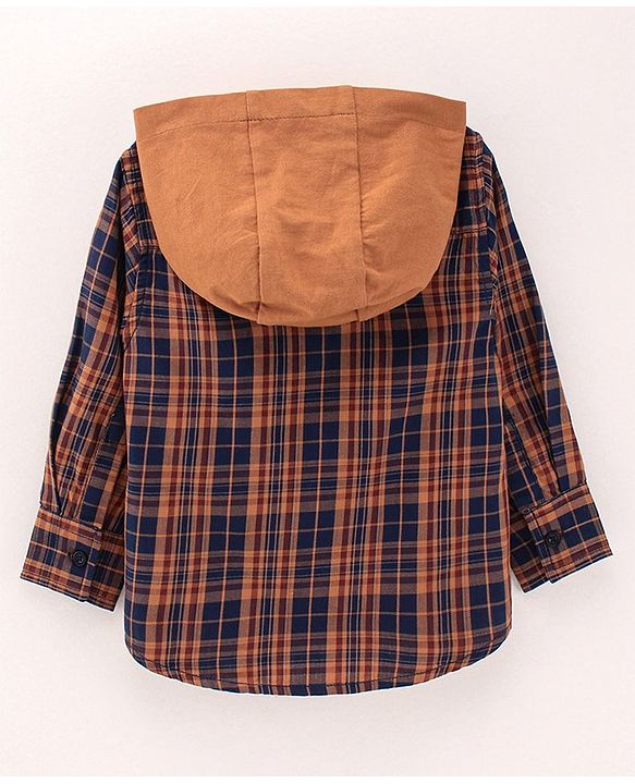 Babyhug Full Sleeves Checks Hooded Shirt - Brown
