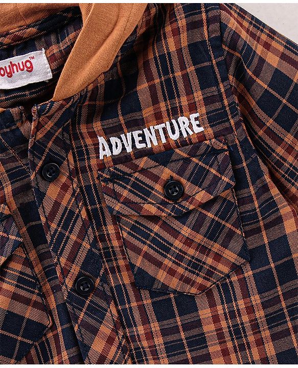 Babyhug Full Sleeves Checks Hooded Shirt - Brown