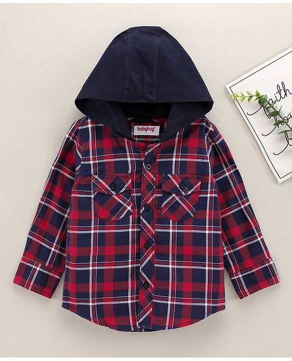 Babyhug Full Sleeves Checks Hooded Shirt with Front Pockets - Red