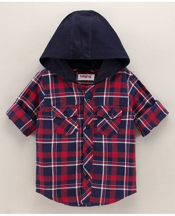Babyhug Full Sleeves Checks Hooded Shirt with Front Pockets - Red
