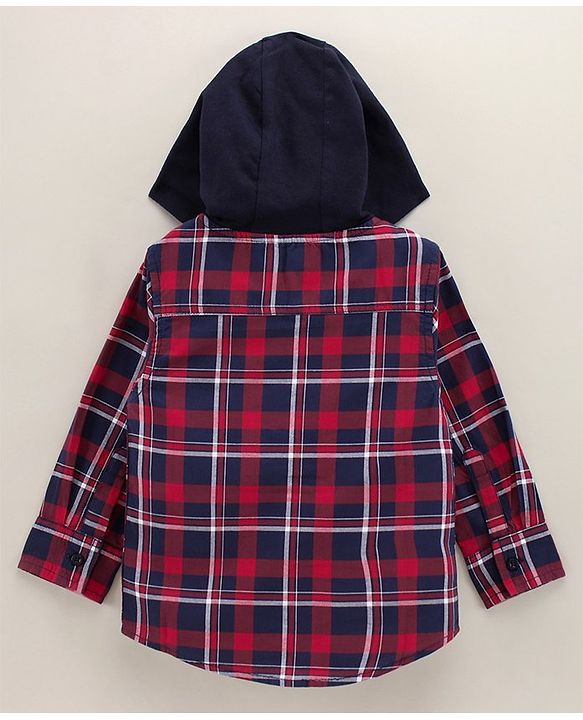 Babyhug Full Sleeves Checks Hooded Shirt with Front Pockets - Red