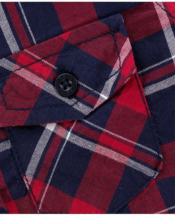 Babyhug Full Sleeves Checks Hooded Shirt with Front Pockets - Red