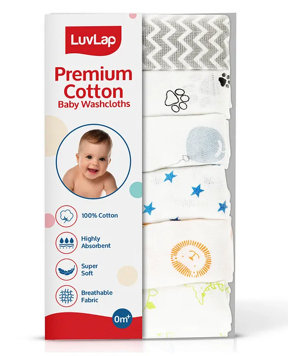LuvLap Muslin Cotton Premium Baby Washcloth, Washable, Absorbent