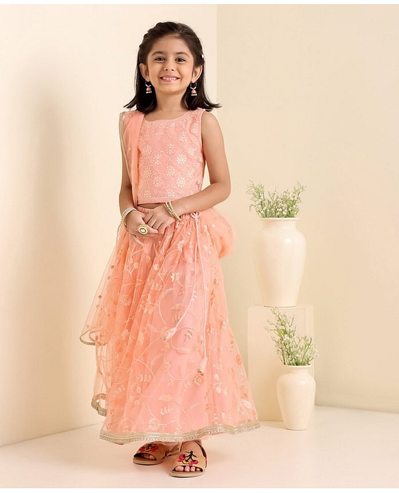 Babyhug Woven Sleeveless Choli With Lehenga & Dupatta Floral  Embroidered - Peach