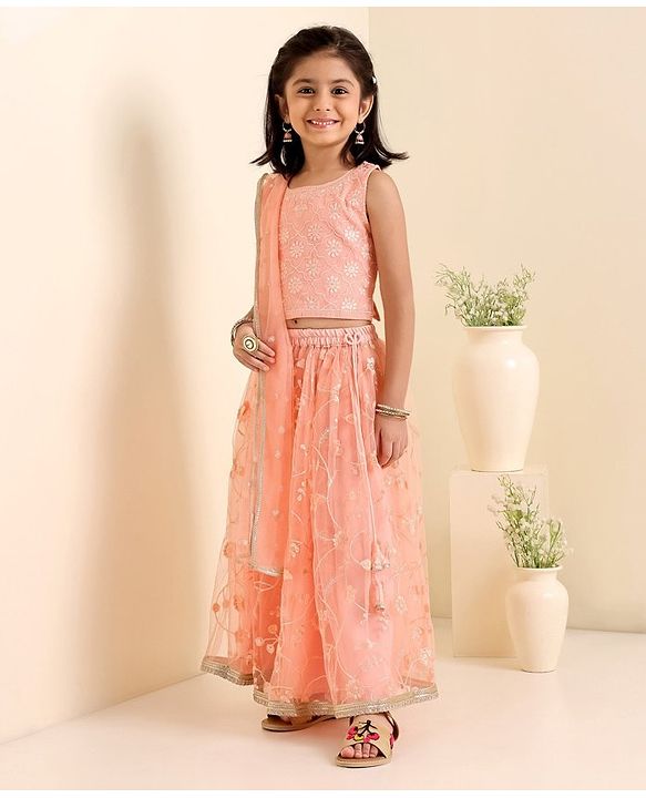 Babyhug Woven Sleeveless Choli With Lehenga & Dupatta Floral  Embroidered - Peach