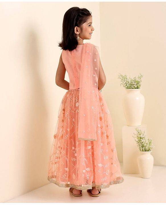 Babyhug Woven Sleeveless Choli With Lehenga & Dupatta Floral  Embroidered - Peach