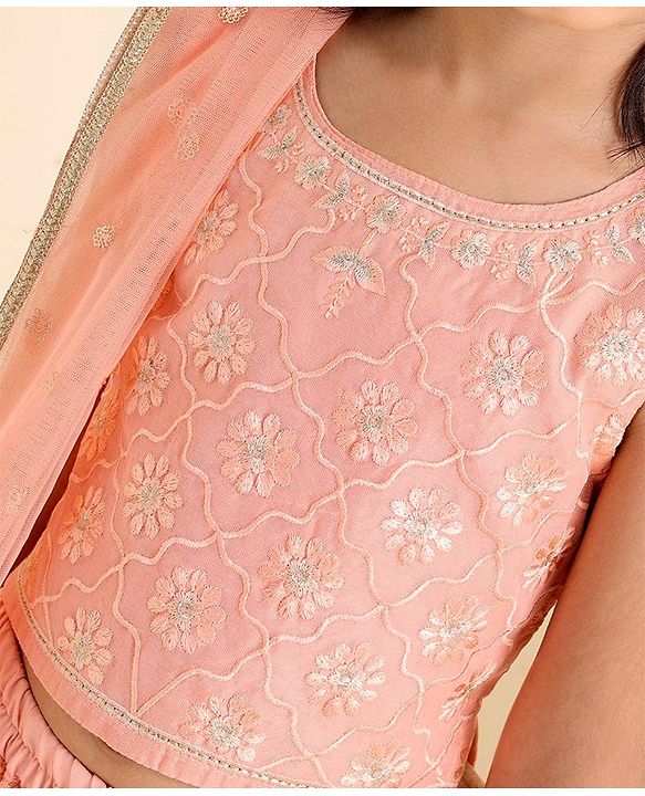 Babyhug Woven Sleeveless Choli With Lehenga & Dupatta Floral  Embroidered - Peach