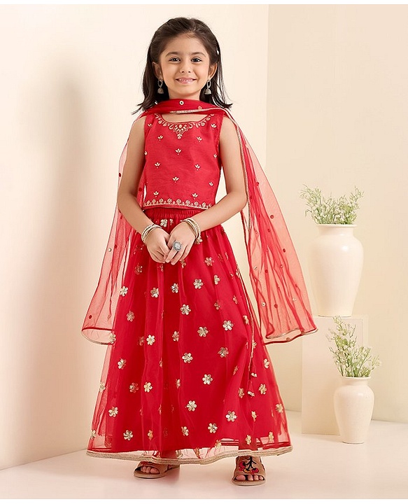 Babyhug Woven Sleeveless Choli With Lehenga & Dupatta Floral Embroidered - Red