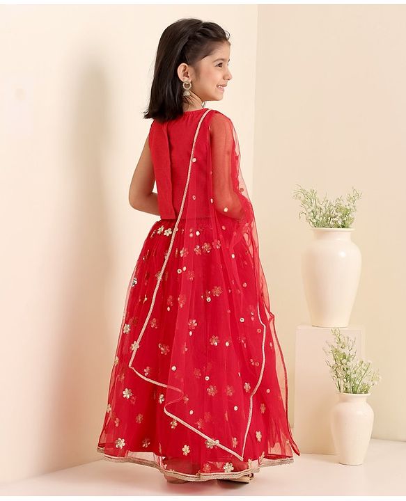 Babyhug Woven Sleeveless Choli With Lehenga & Dupatta Floral Embroidered - Red