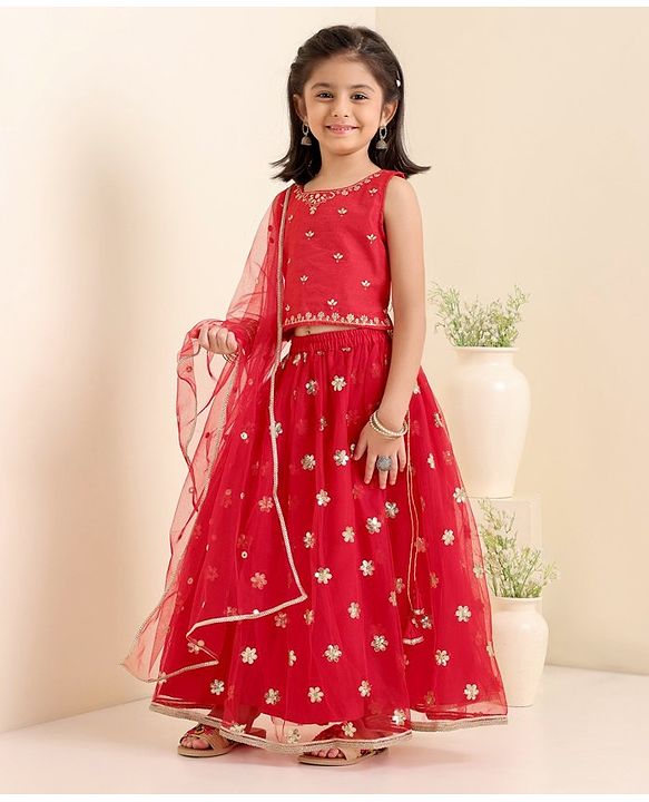 Babyhug Woven Sleeveless Choli With Lehenga & Dupatta Floral Embroidered - Red