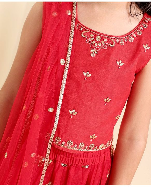 Babyhug Woven Sleeveless Choli With Lehenga & Dupatta Floral Embroidered - Red