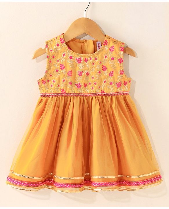 Babyhug Sleeveless Choli Lehenga And Dupatta With Floral Embroidery- Mustard Fuchsia