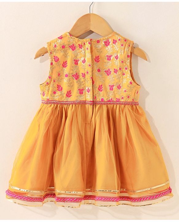 Babyhug Sleeveless Choli Lehenga And Dupatta With Floral Embroidery- Mustard Fuchsia