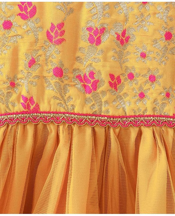 Babyhug Sleeveless Choli Lehenga And Dupatta With Floral Embroidery- Mustard Fuchsia