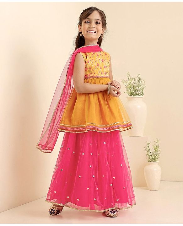Babyhug Sleeveless Choli Lehenga And Dupatta With Floral Embroidery- Mustard Fuchsia