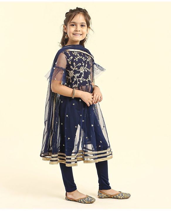 Babyhug Bell Sleeves Kurti & Churidar Set With Dupatta Embroidered Ethnic Design - Navy