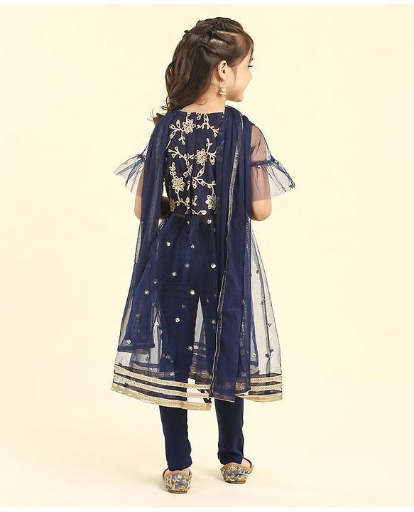 Babyhug Bell Sleeves Kurti & Churidar Set With Dupatta Embroidered Ethnic Design - Navy