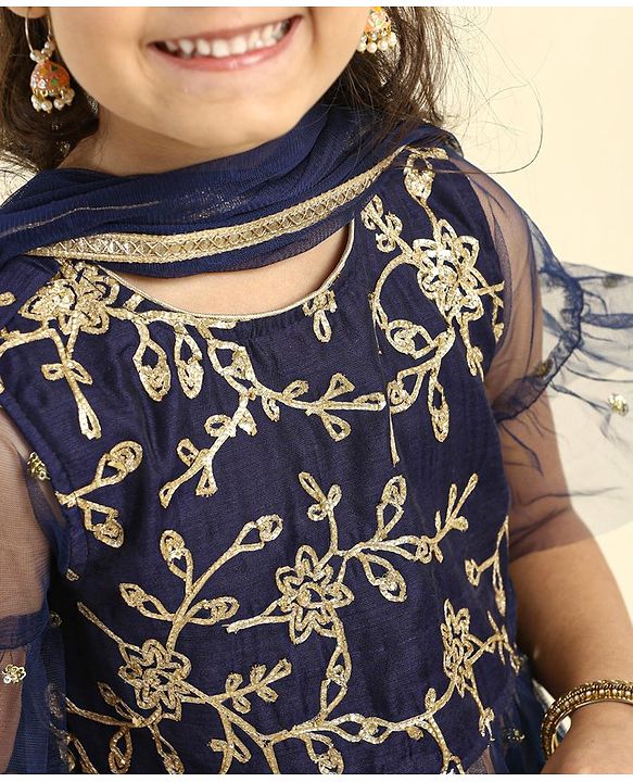 Babyhug Bell Sleeves Kurti & Churidar Set With Dupatta Embroidered Ethnic Design - Navy