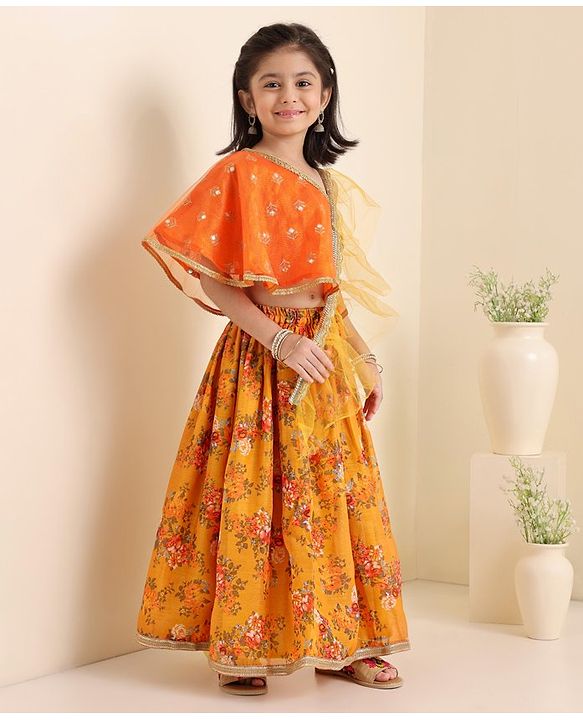 Babyhug Woven Sleeveless Embroidery Choli With Floral Printed Lehenga And Dupatta - Orange