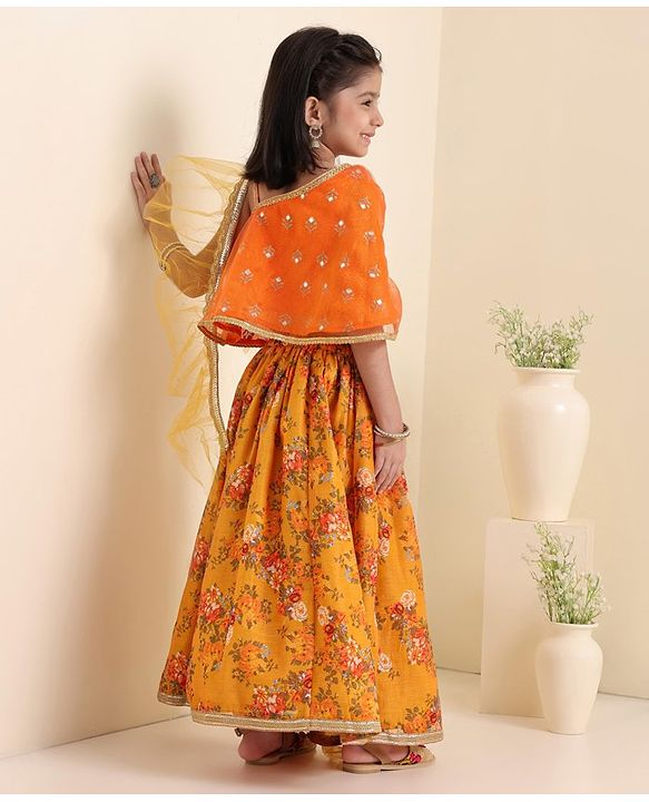 Babyhug Woven Sleeveless Embroidery Choli With Floral Printed Lehenga And Dupatta - Orange
