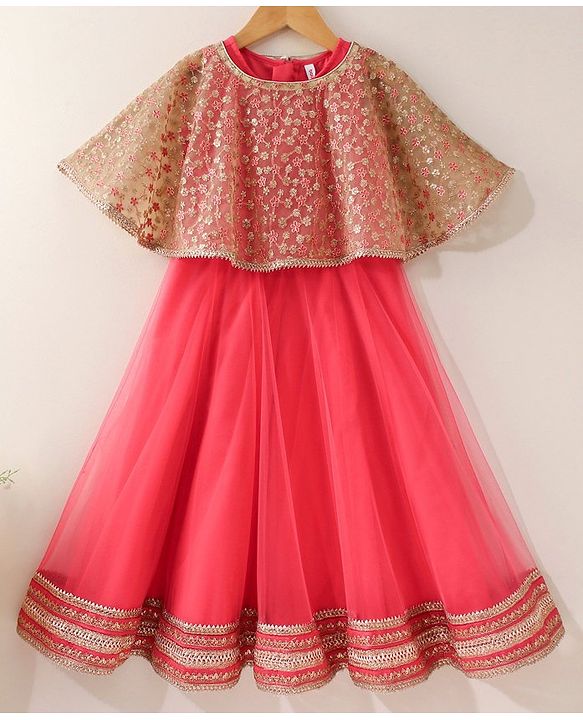 Babyhug Sleeveless Solid Color Dress With Embroidered Poncho - Beige Pink