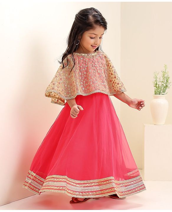 Babyhug Sleeveless Solid Color Dress With Embroidered Poncho - Beige Pink