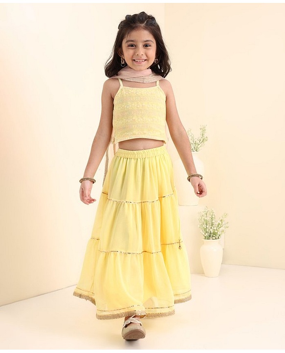 Babyhug Singlet Sleeves Woven Choli & Lehenga With Dupatta Floral Embroidery - Yellow